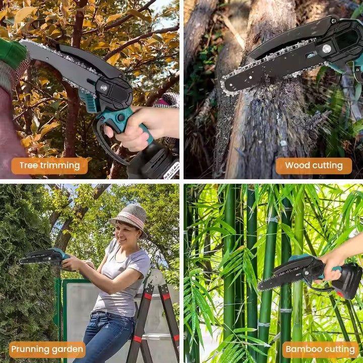 Mini fierastrau electric / mini drujba cu lant pe acumulator AT PERFORMANCE®, 21 V, putere 550 W, lungime lama 6 inch, 2X Lanturi, 2X Baterii